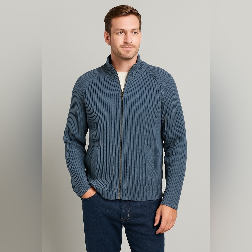 LL Bean Slate Blue Full Zip Cotton Grandpa Sweater Sz L EUC